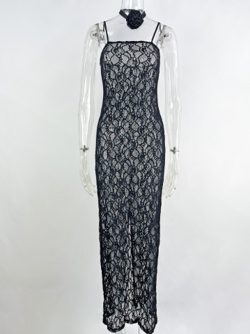 Sling lace sheer slim-fit sheath dress from My Store 3 featuring delicate lace fabric and a fitted silhouette.