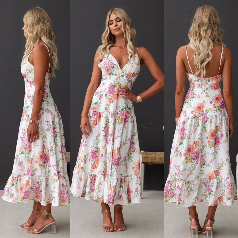 Printed women's suspender slit dress by My Store 3, featuring a stylish slit design and adjustable suspenders.
