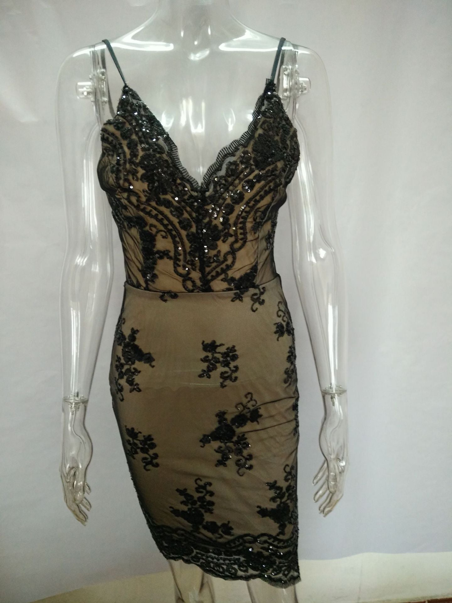 Summer sequin club dress by My Store 3 featuring a deep V neck and backless design, shown on a mannequin.