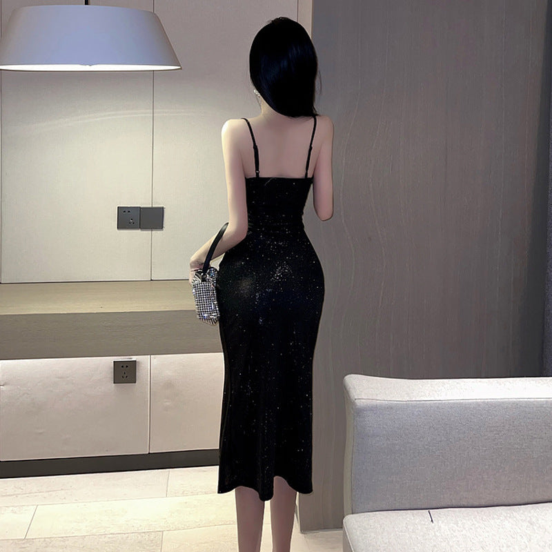 Nightclub dress with a low V-neckline and thigh-high slit, stylish black evening wear from My Store 3.