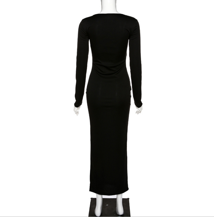 Slim fit dress by My Store 3 featuring a square neckline and side slit, shown in a stylish, elegant design.