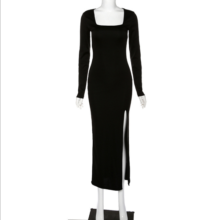 Slim fit dress with square neckline and side slit from My Store 3, shown in elegant fabric with a fitted silhouette.