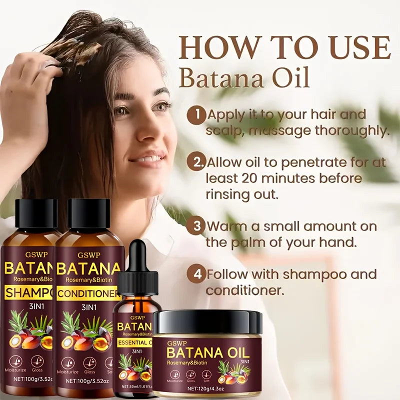 GSWP Batana Oil Shampoo, Conditioner, Hair Cream, and Hair Oil 4-Piece Set. Gently Cleanses, Deeply Moisturizes.320g+30ml