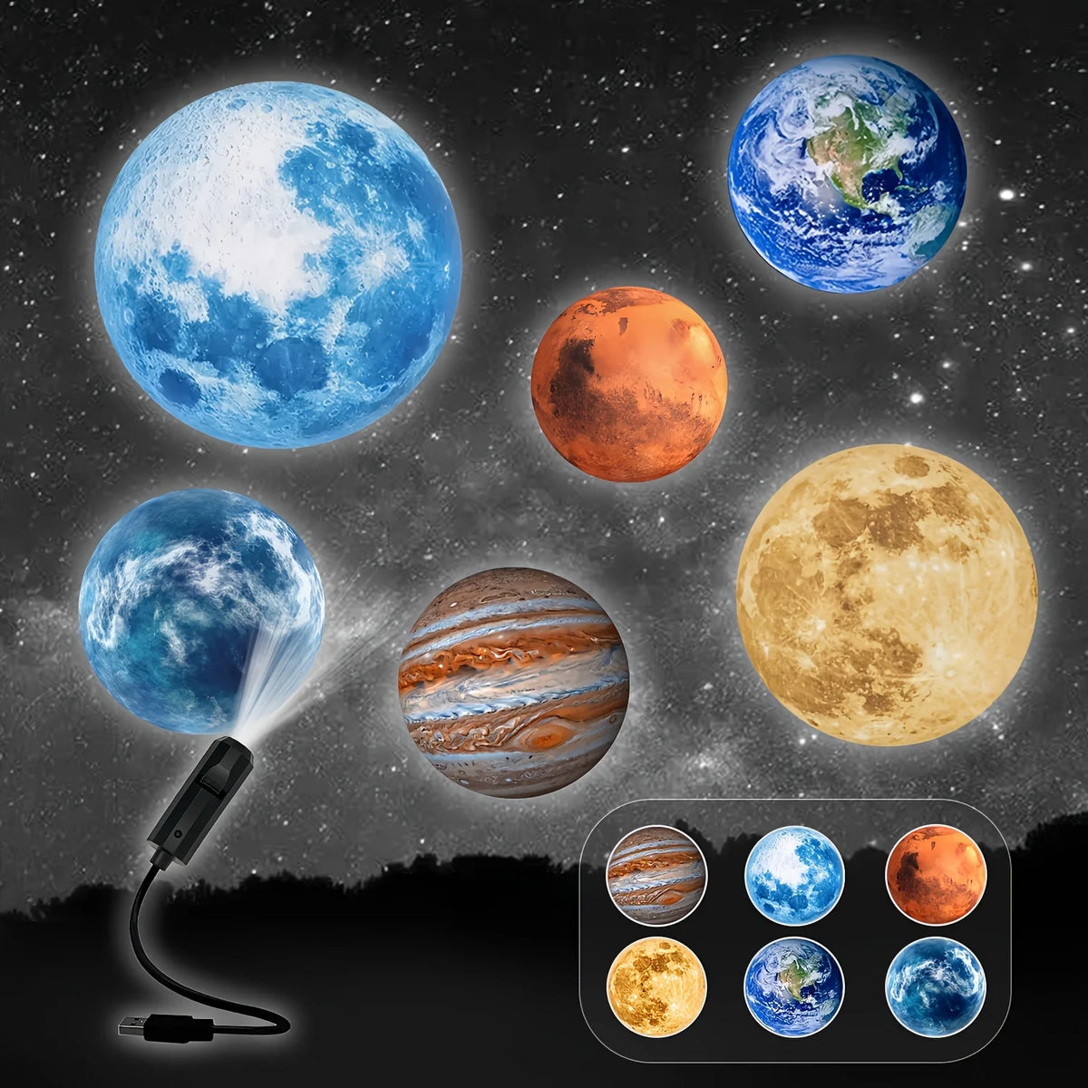 LED Planet Projector Lamp 1/3/6/10 Patterns Moon Light USB Moon Earth Planet Lamp Decoration Night Light Festival Gift