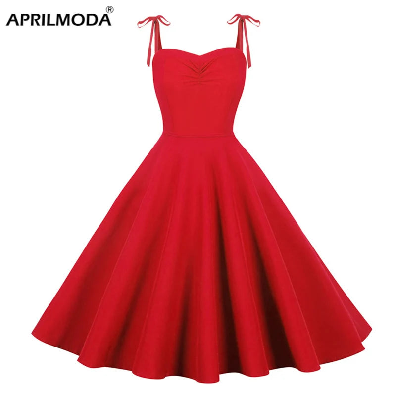 Spaghetti Strap Vintage Pinup Dress 50s 60s Women Solid Color Ruched Summer Knotted Tie Back Red Blue Black Casual Swing Jurk