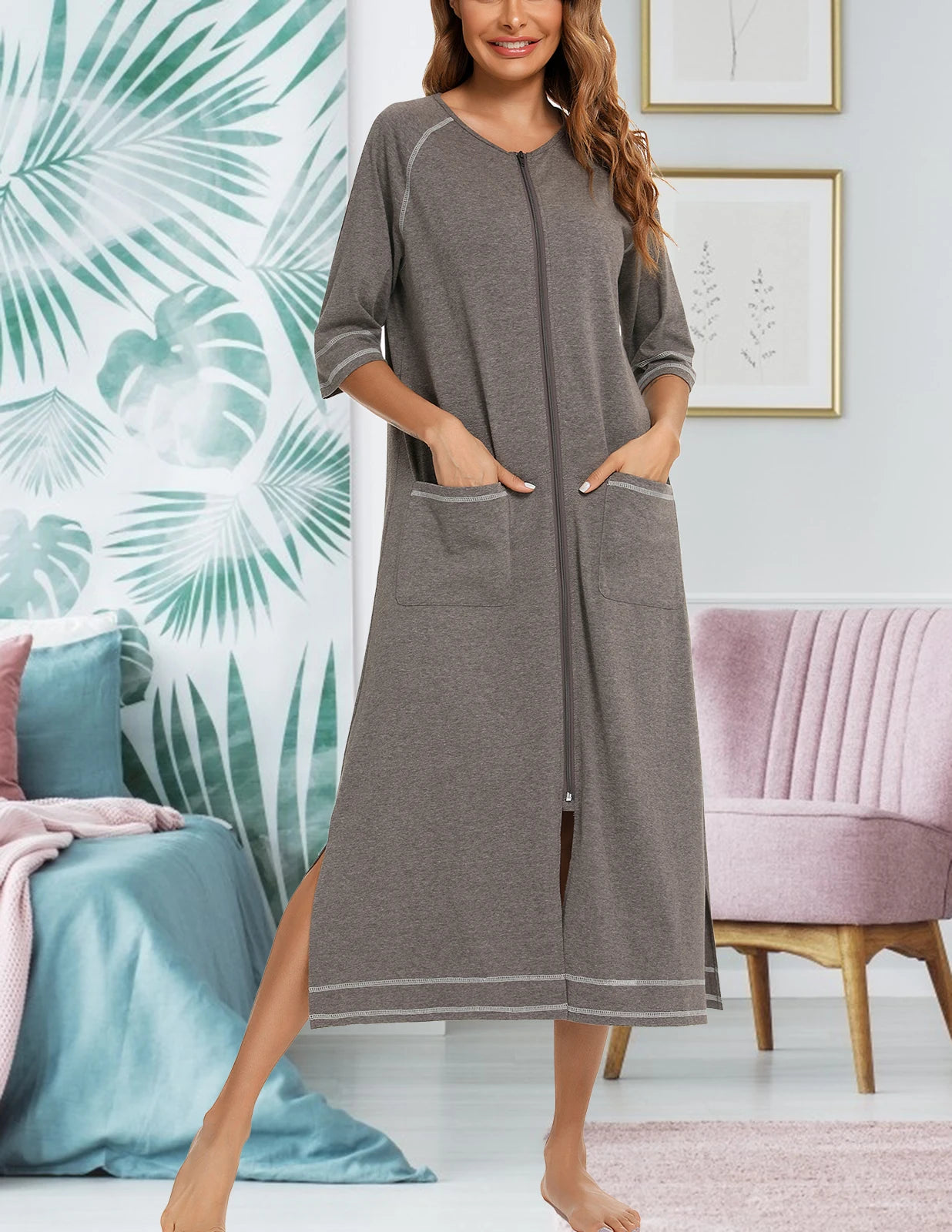 Zipper Women Sleepwear Pajama Maternity Dress 3/4Sleeve Nursing Baby Breastfeeding Nightdress Pregnancy Dress пижама хлопок