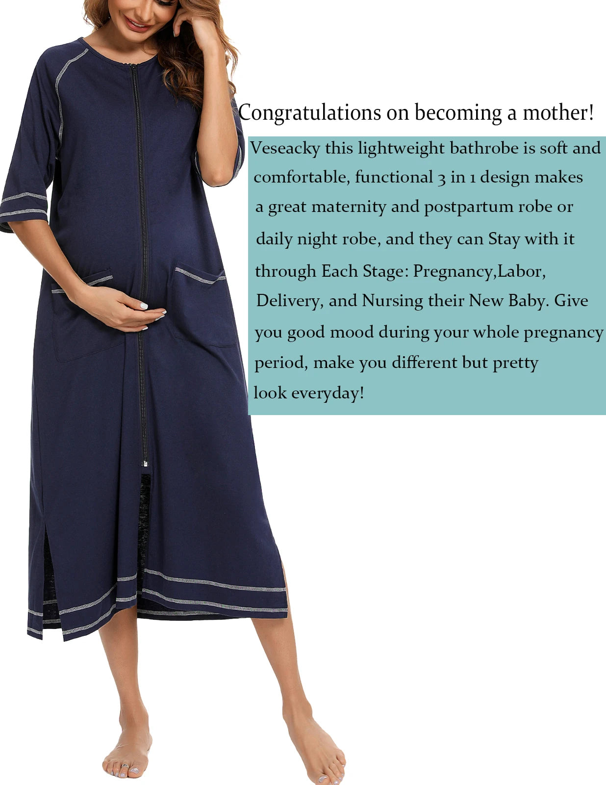 Zipper Women Sleepwear Pajama Maternity Dress 3/4Sleeve Nursing Baby Breastfeeding Nightdress Pregnancy Dress пижама хлопок