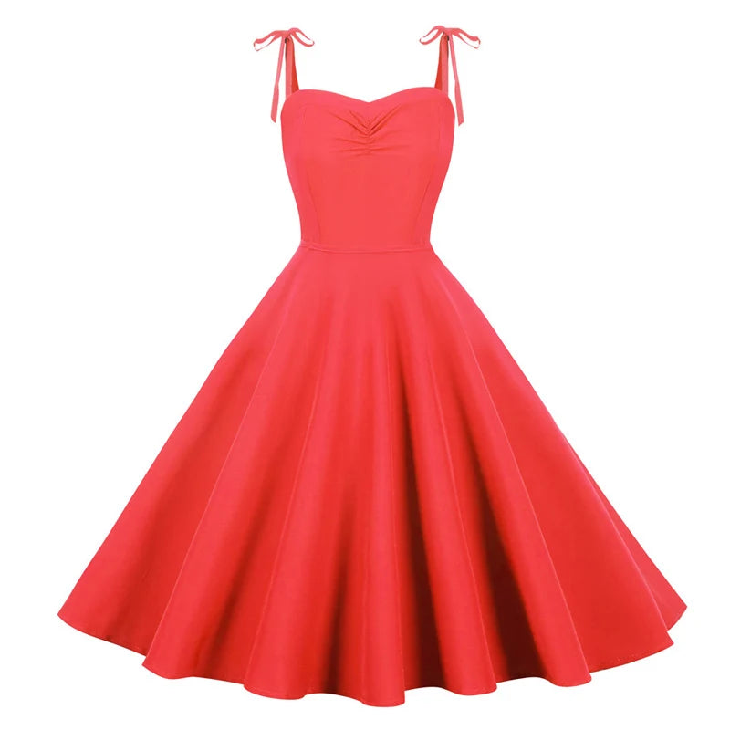 Spaghetti Strap Vintage Pinup Dress 50s 60s Women Solid Color Ruched Summer Knotted Tie Back Red Blue Black Casual Swing Jurk