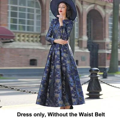 DEVCHATA Quality Elegant Women Long Sleeve Maxi Dress Floral Jacquard V Neck Lady Autumn Winter Party Fashion Formal Vestidos