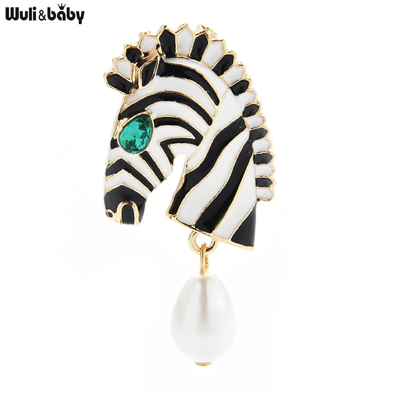 Wuli&baby Pearl Zebra Brooches For Women Unisex 2-color Horse Animal Head Party Office Brooch Pin Gifts