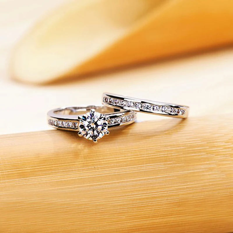 Huitan New Classic Six Claws Cubic Zirconia Set Rings for Women Luxury Wedding Accessories Good Quality Timeless Style Jewelry