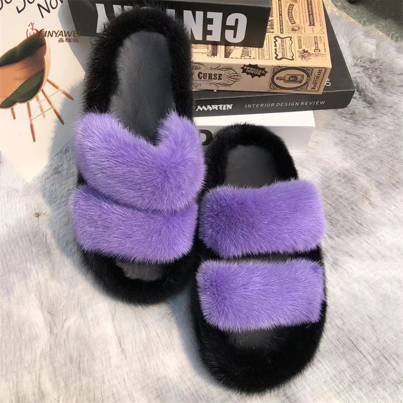 Mink Fur Slides Women's Slippers Thick-soled Sandals Summer Slipper Shoes for Woman Sandals Fashion Beach Slippers EVA Slides