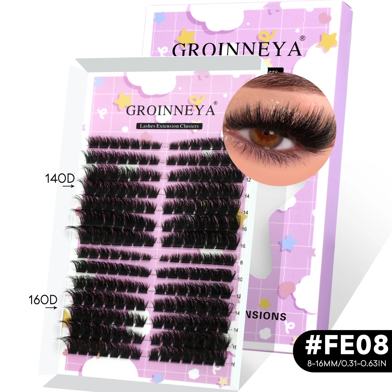 GROINNEYA Lash Clusters Kit Natural Cat Lashes Winged End Eye Elongated Eyelashes With Lash Bond & Seal Cluster Kit DIY at Home