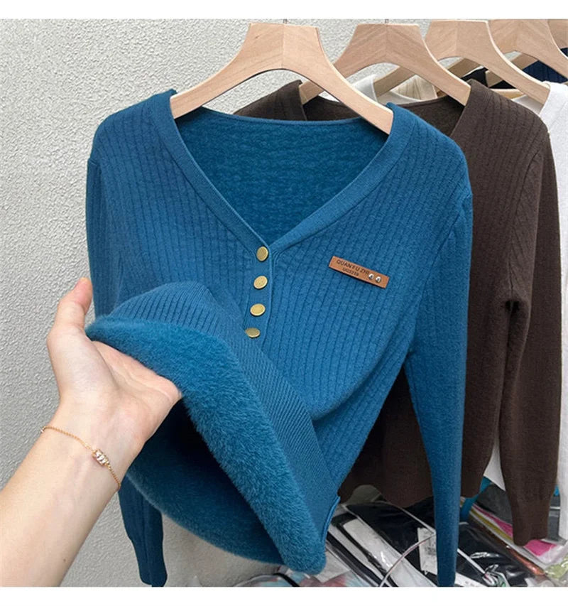 2024 Thicken Velvet V-neck Sweater Women Korean Fashion Lined Warm Sueter Knitted Pullover Slim Top Winter Jersey Knitwear Jumpe