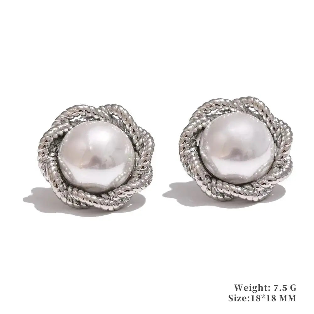 Yhpup Trending Stainless Steel Imitation Pearls Round Square Stud Earrings Korean Daily Versatile Vintage Chic Fashion Jewelry