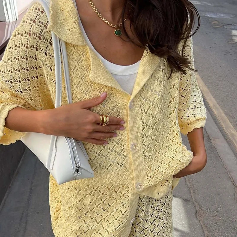 Tuularose Summer Knit Shorts Set New Knit Cardigan Top Casual Shorts Set Beach Vacation Bikini Cover Up Women Shorts Set Outfits