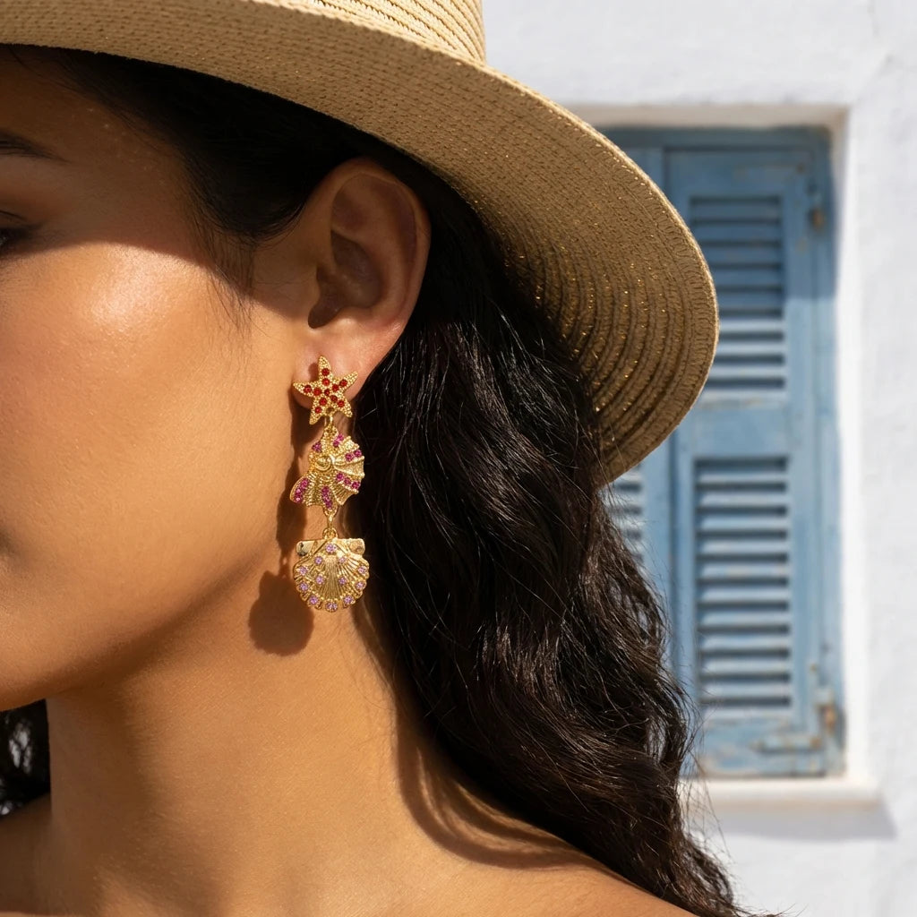 Bohemia Gold Color Metal Starfish Long Tassel Drop Earrings For Women Crystal Zircon Conch Shell Scallops Earring Beach Jewelry