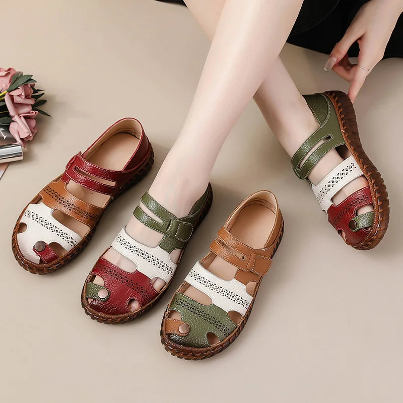 Newest gladiator summer sandals women's big size 43 woman real leather sandals ladies patchwork strap Non-slip flats