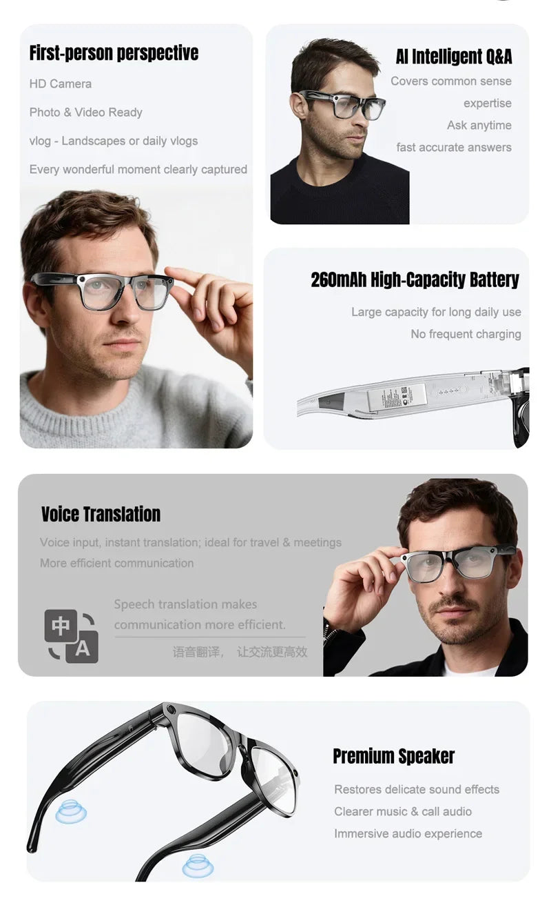6K HD AI Camera Glasses 800MP Photochromic Multifunctional Smart Glasses Bluetooth Calling Photo Video ChatGPT Music Translation