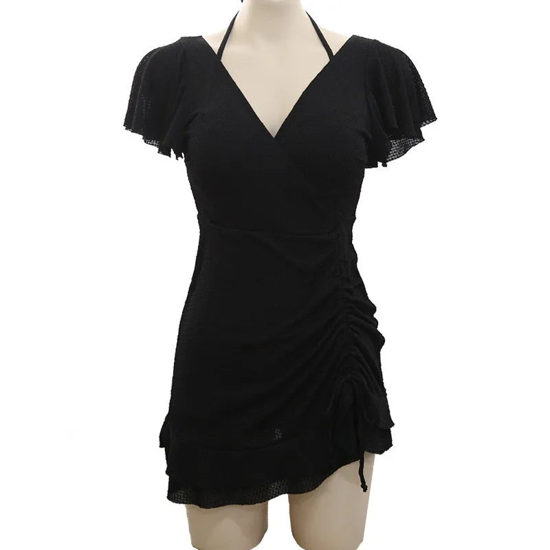 Swimsuit Women Summer V Neck One-piece Swimwear Female Skirt Bathing Suit Push Up Slimming Korean Swimdress