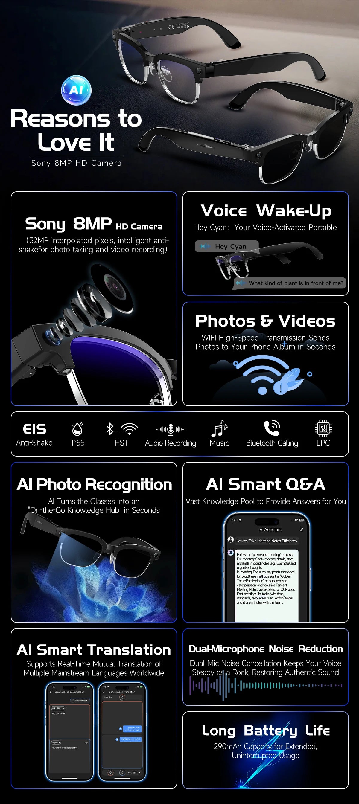 New HOT Business Smart Glasses Men 800W 4K HD Camera 1080P Shooting Action Capture AI Chat Call Waterproof Windproof Sunglasses