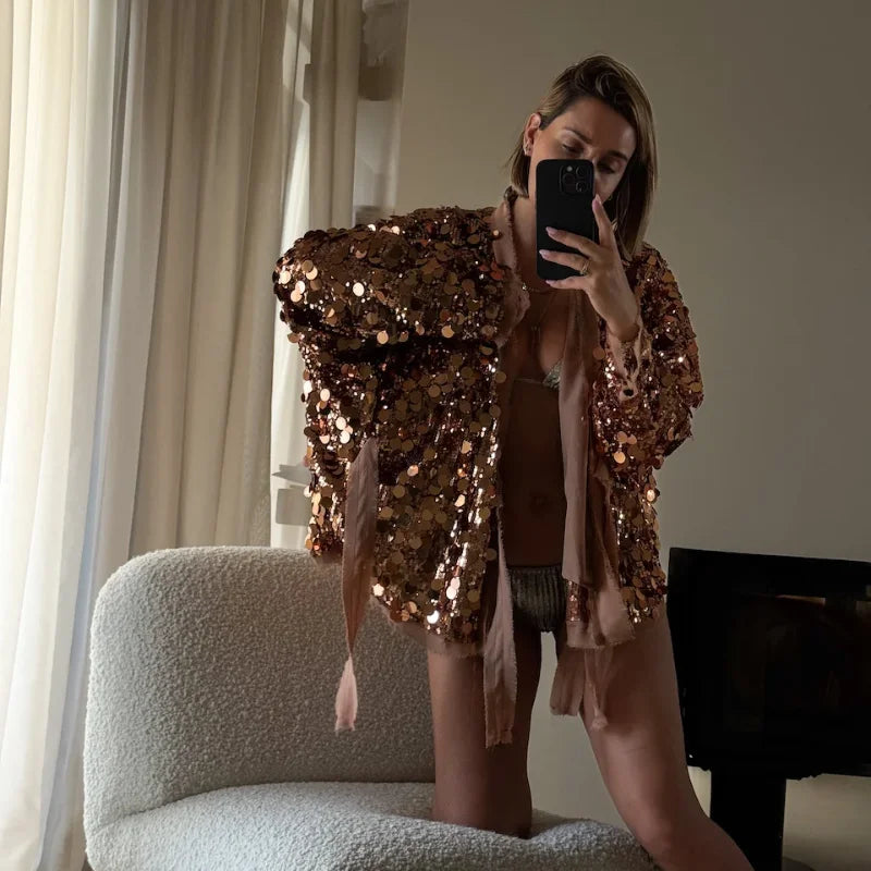 Fashion Sequins Short Jackets Women Gliter Lapel Long Sleeve Zipper Street Jacket Female 2026 Spring Lady Streetwear New