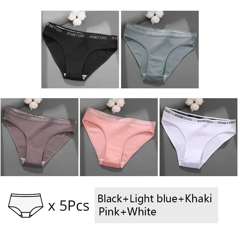 Finetoo 5Pcs Women Sexy Cotton Briefs Intimates Solid Color Low Waist Panty High Elasticity Underwear Female Breathable Lingerie