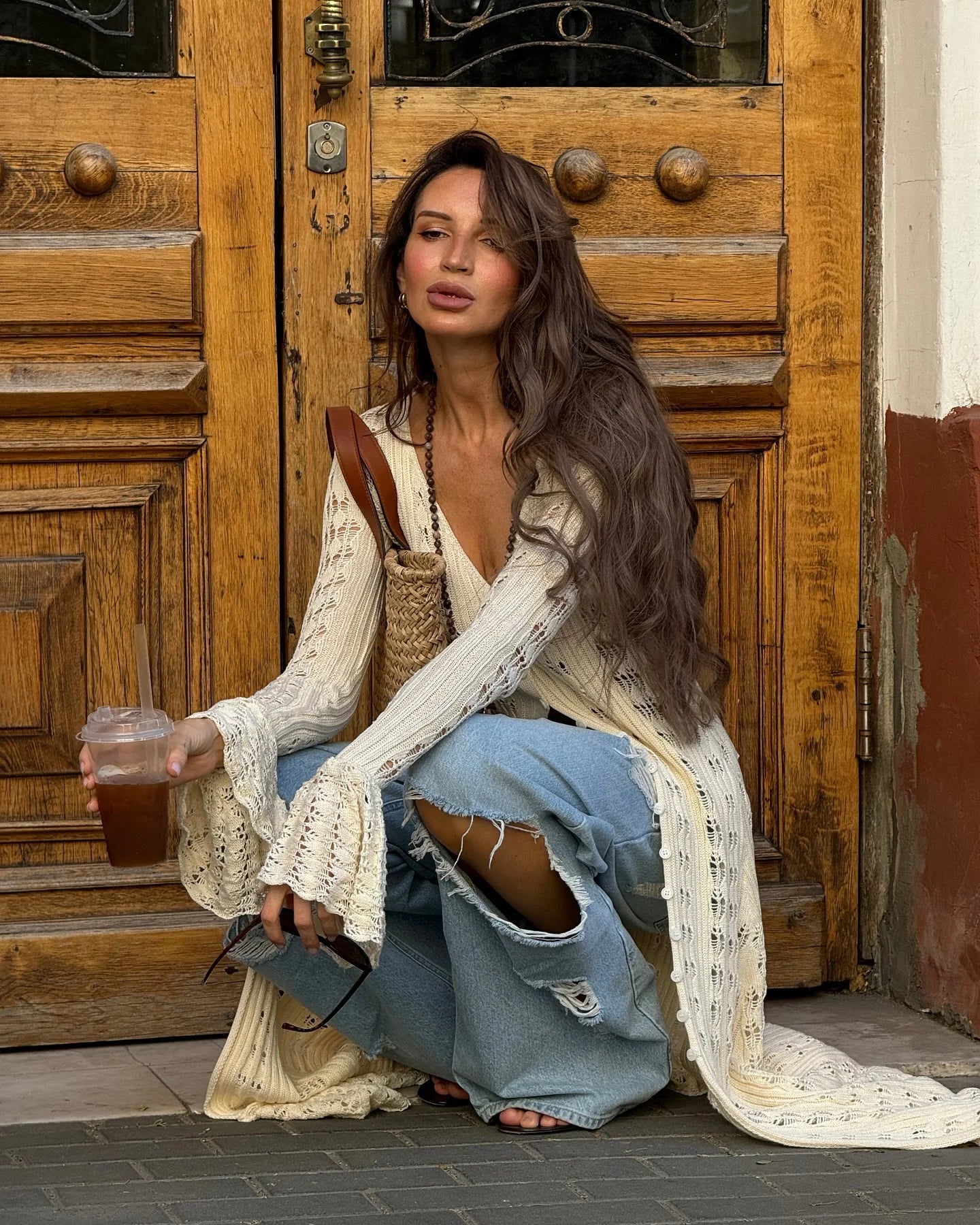 Combhasaki Women Y2K Chic Flare Long Sleeve Aesthetic Button-down V-Neck Ruffle Hem Hollow Out Knitted Long Dress Boho Beachwear