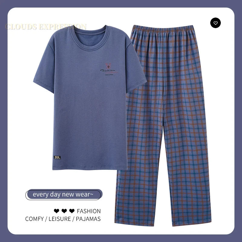 L-5XL Summer Elegant Men Pyjamas Knited Cotton Pajamas Set Long Pant Sleepwear Pyjamas Night Suits Pijamas Plus Size Homewear PJ