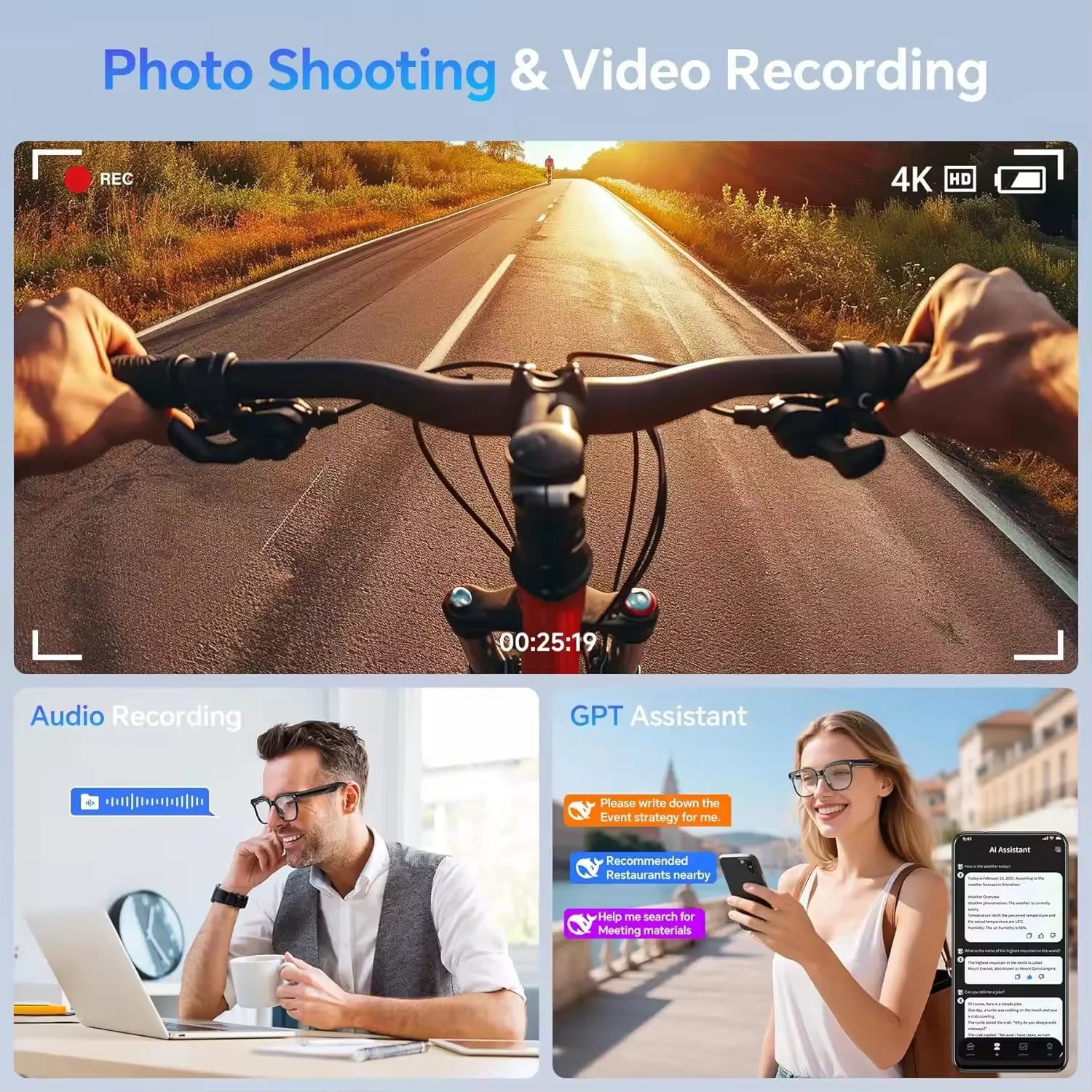2026AI smart glasses HD 800W anti-shake camera AI dialogue real-time translation IP67waterproof Bluetooth audio smart sunglasses