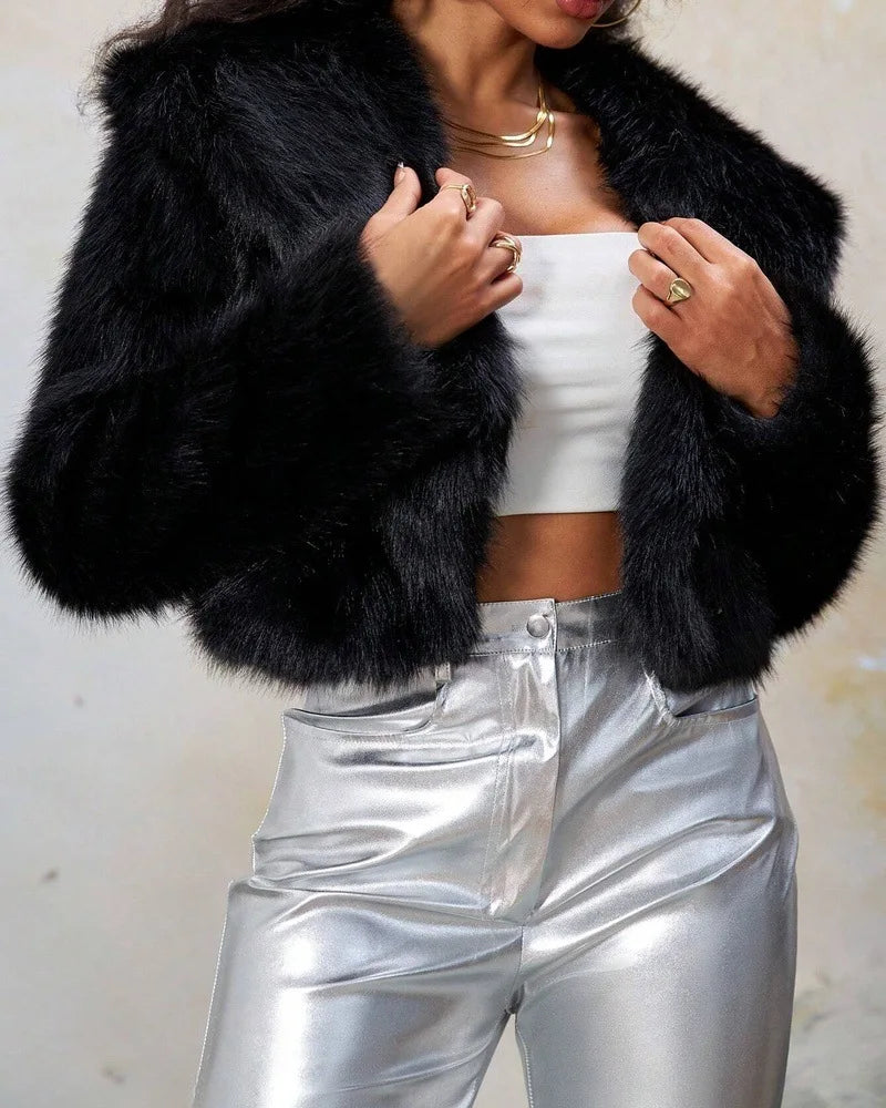 Faux Fox Fur Coats Women Short Jackets Solid Turn Down Collar Long Sleeve Open Stitch Loose Thick Office Lady Casual 2025 Winter