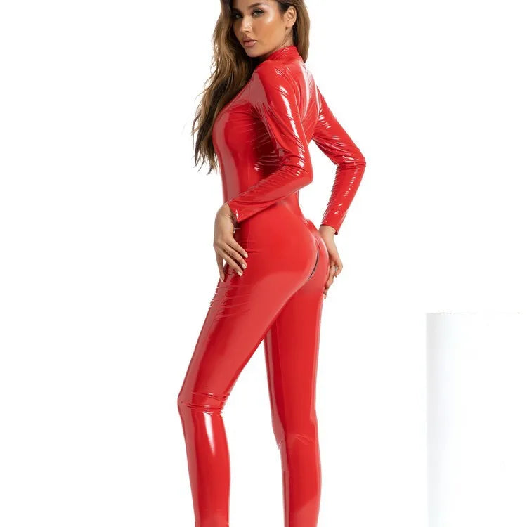 Fashion New Spring Women Sexy Corset PU Patent Leather Zipper Open Crotch Jacket Tight Pants Nightclub Cosplay Uniform Jumpsuit