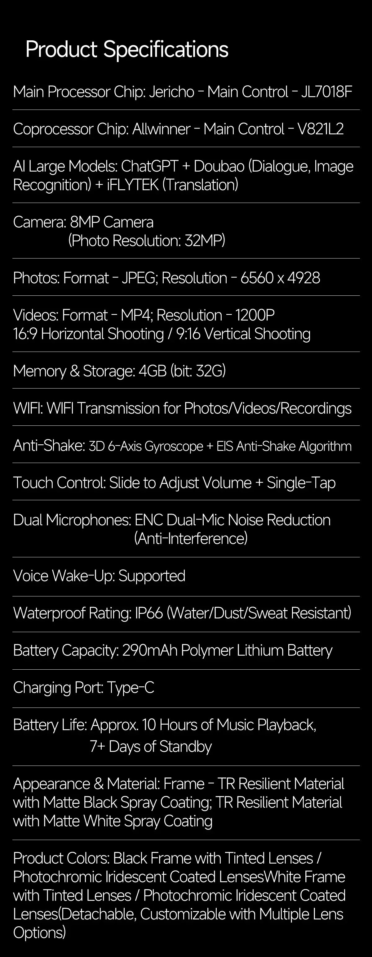 2026 AI Smart Glasses 800W HD Anti-shake Camera IP66 Waterproof AI Voice Wake-up AI Translation Four-in-one Cycling Glasses