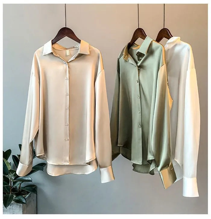 Women’s Turn-Down Collar Satin Blouse Top