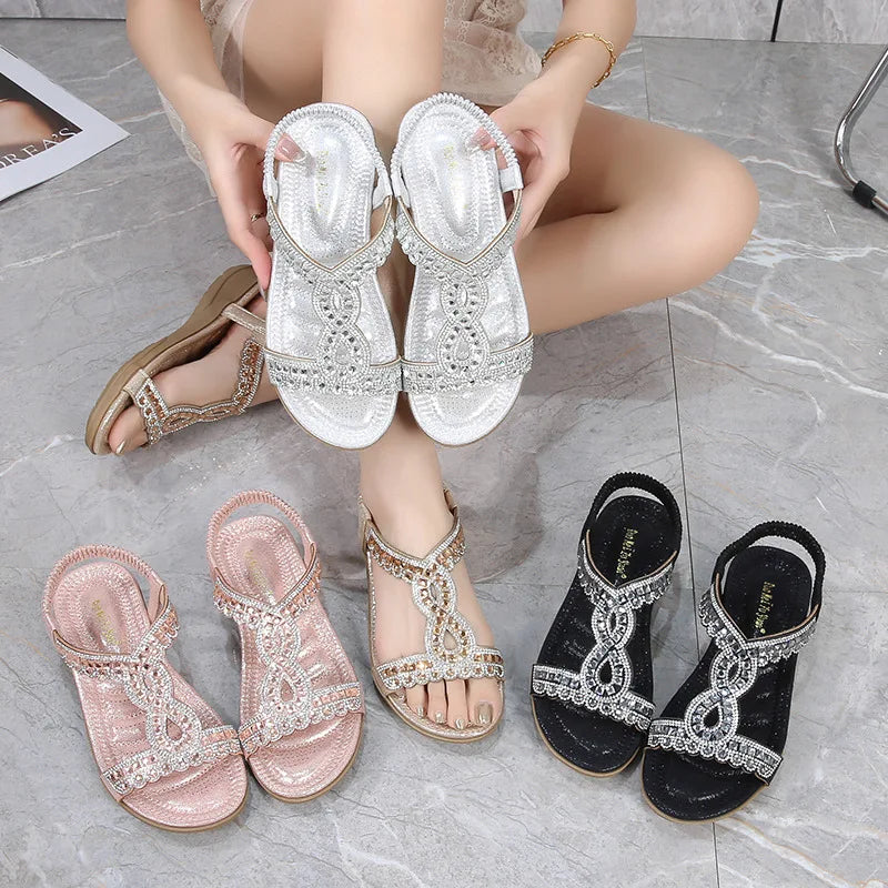 Summer Women Sandals Fashion Rhinestone Bohemian Sandal Slope Heel Hollow Solid Soft Flat Bottom Open Toe Sandals
