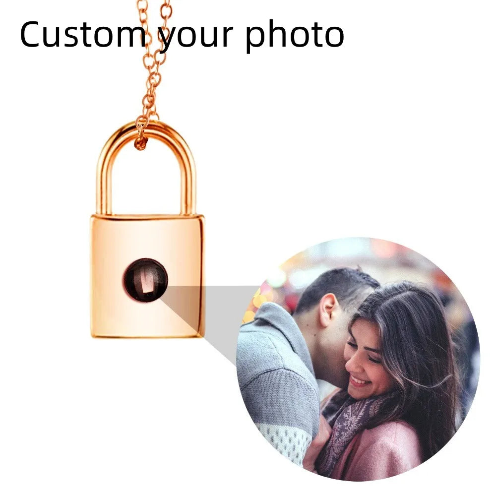 Valentine's Day Gift Photo Custom Projection Necklace Lock Shaped Projection Necklace Lover Family Wife Husband Memory Gift
