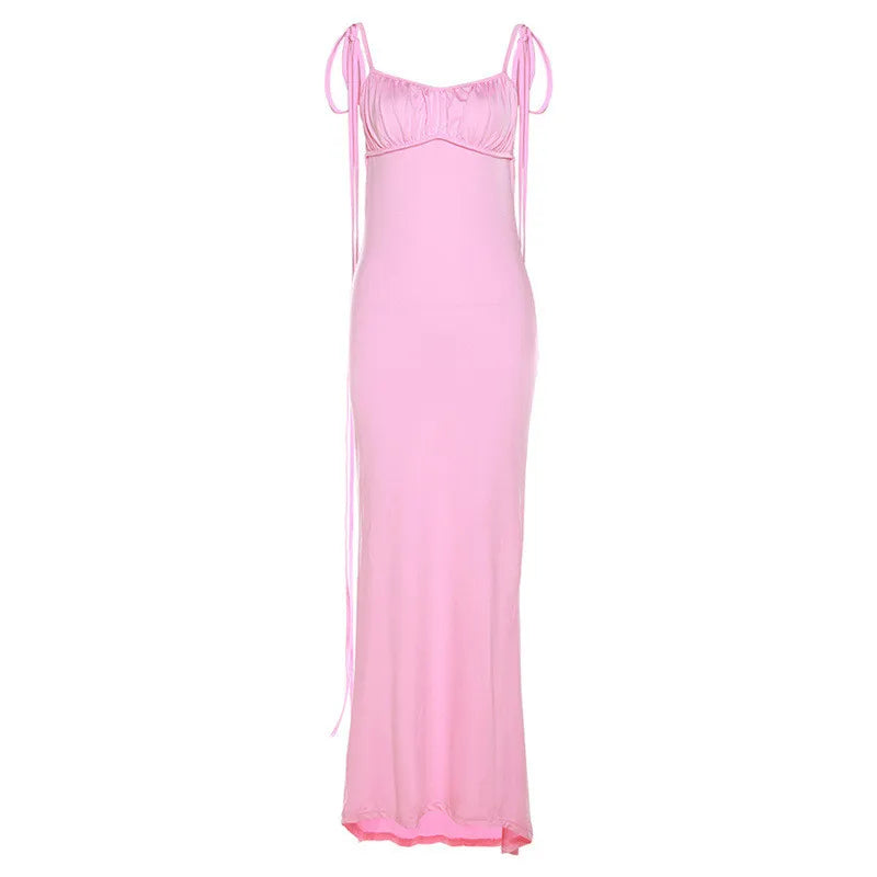 Y2k Elegant Deep Open Back Backless Slim Maxi Dress Women Spaghetti Strap Sleeveless Bodycon Long Dress Sexy Club Party Vestidos