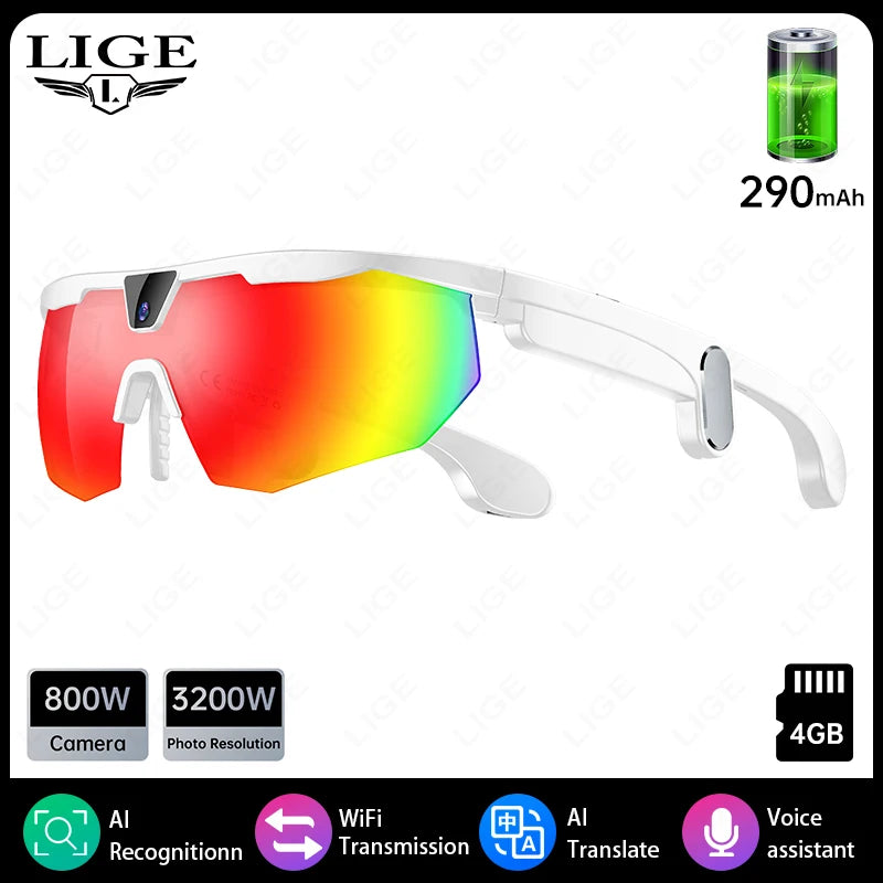 LIGE AI Smart Glasses 800W HD Anti-shake Camera Action Capture Goggles 3D Surroud Sound AI Chat Call Cycling Sports Sunglasses