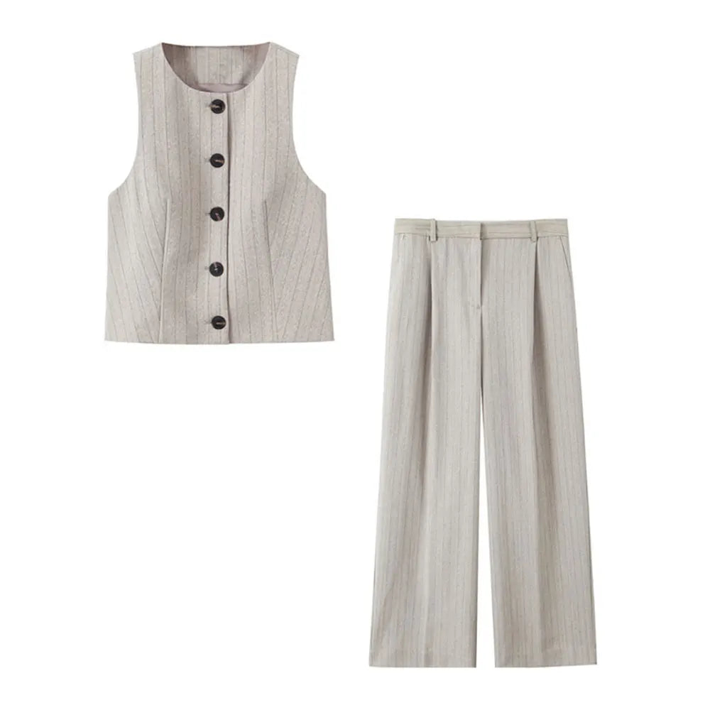 Women Fashion Striped Cropped Waistcoat Top And High Waist Front Dart Wide Leg Pants Female Two Piece Sets Mujer