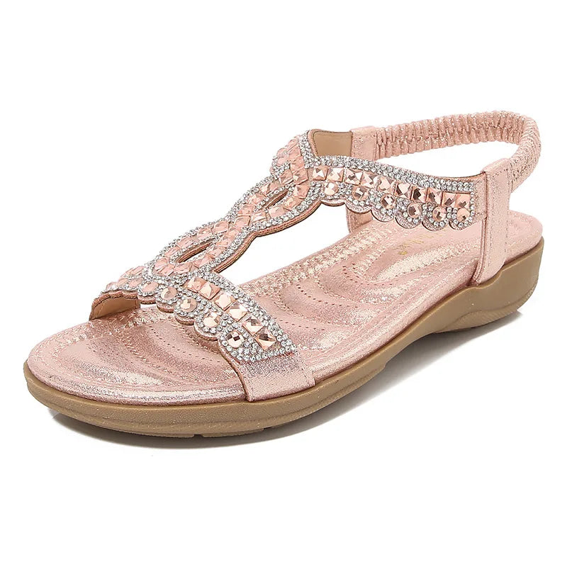 Summer Women Sandals Fashion Rhinestone Bohemian Sandal Slope Heel Hollow Solid Soft Flat Bottom Open Toe Sandals