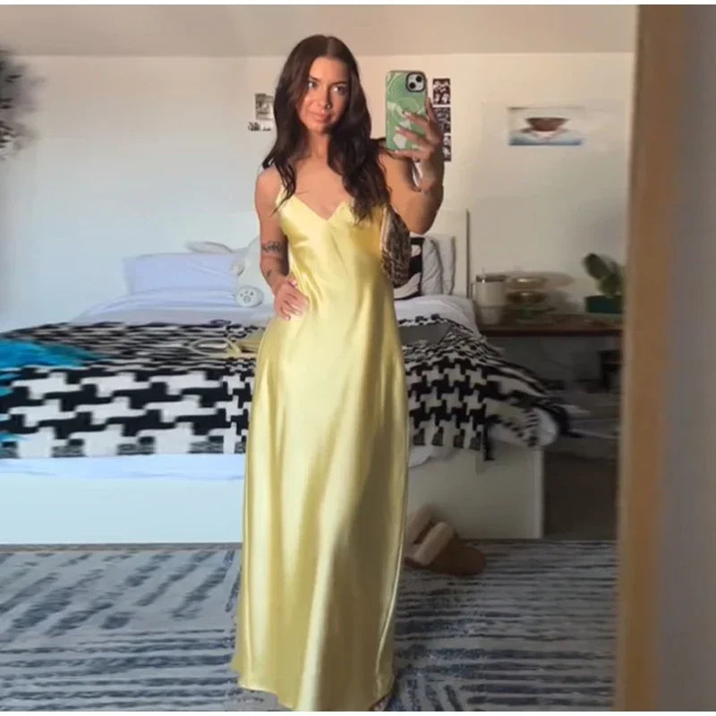 Summer Satin Deep V Neck Maxi Dresses Sleeveless Backless Lace Up Slim Fit Long Robes 2025 Lady New Holiday Fashion Clothing
