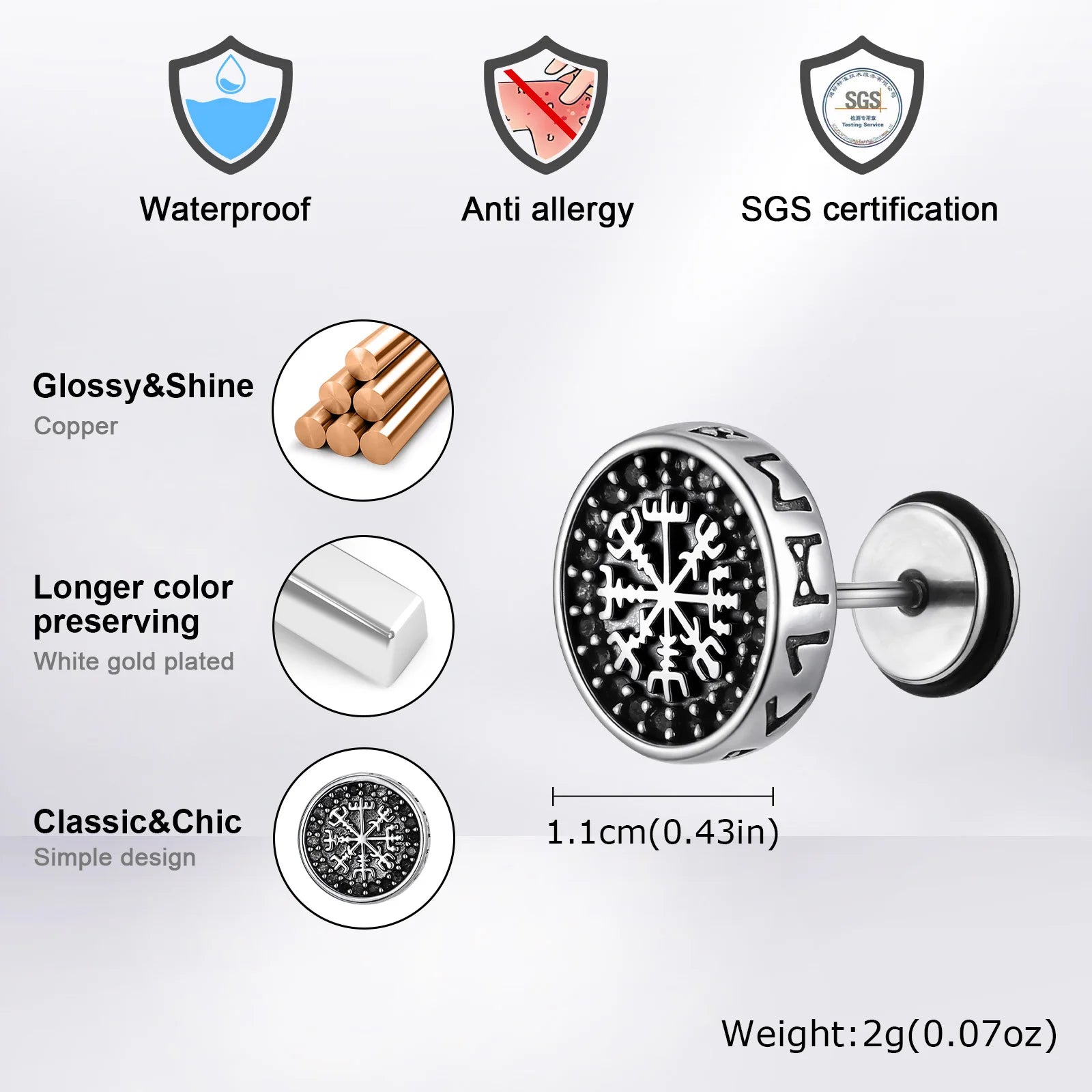 Vintage Viking Stud Earrings for Men Boys,Round Stainless Steel Compass Zircon Earring,Simple Jewelry Gift for Him