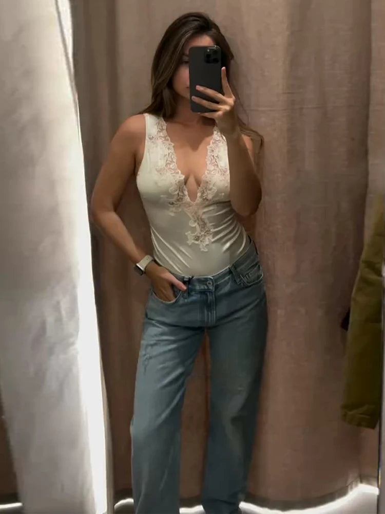 Sexy Lace Spliced Women's Jumpsuits Stain V-neck Sleeveless Slim Waist Cinching Jumpsuit 2026 Spring New Lady High Street Tops