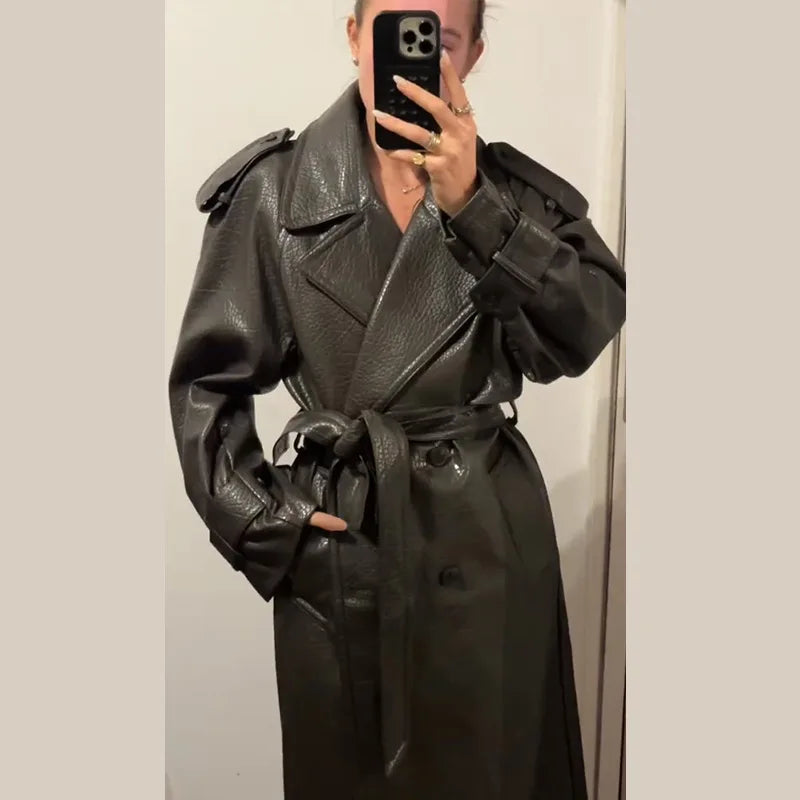 Street Pu Leather Women Long Coat Fashion Long Sleeve Button Belt Lapel Pocket Female Outwear 2025 Autumn Winter Lady Jacket New