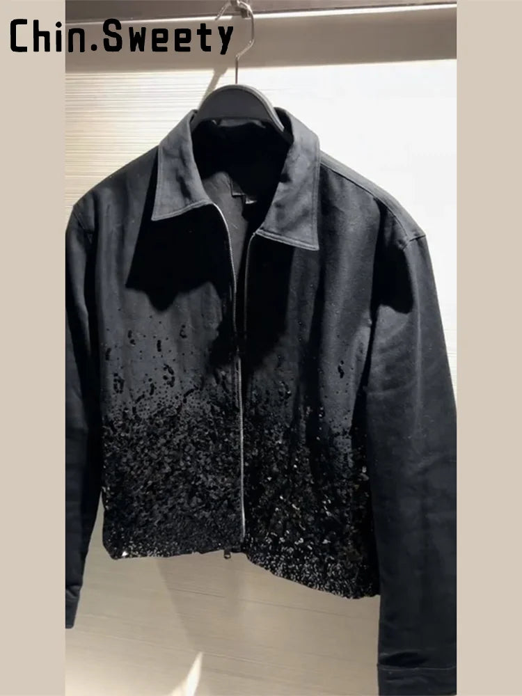 Fashion Sequins Short Jackets Women Gliter Lapel Long Sleeve Zipper Street Jacket Female 2026 Spring Lady Streetwear New