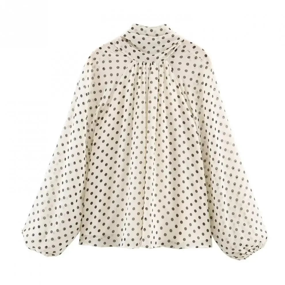 Polka Dot Lace Up Bow Shirt Women Casual Long Lantern Retro Sleeve Pleated Loose Blouse Lady 2026 Spring Commute Office Outwears