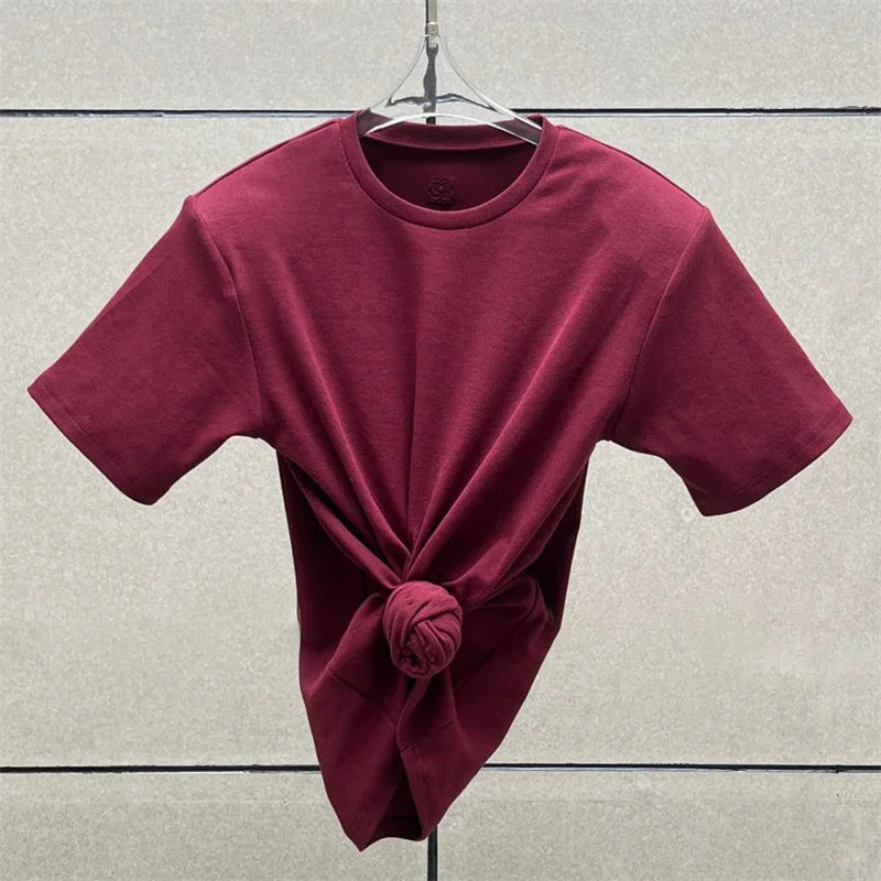 Women's t-shirt 2025 summer new shoulder padded slim fit short sleeved top pure cotton round neck pullover y2k Crop top corset