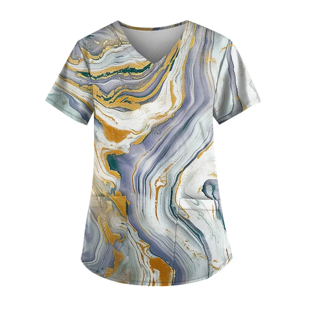 Gradient Printing Nurses Uniforms Women Fashion Short Sleeve V Neck Working Blouse Tops With Pockets Women's Medical Uniform