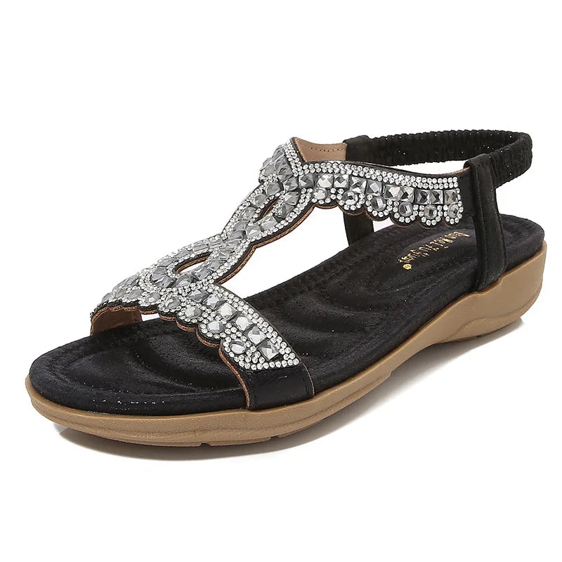 Summer Women Sandals Fashion Rhinestone Bohemian Sandal Slope Heel Hollow Solid Soft Flat Bottom Open Toe Sandals