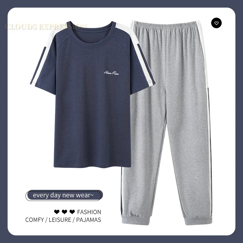 L-5XL Summer Elegant Men Pyjamas Knited Cotton Pajamas Set Long Pant Sleepwear Pyjamas Night Suits Pijamas Plus Size Homewear PJ